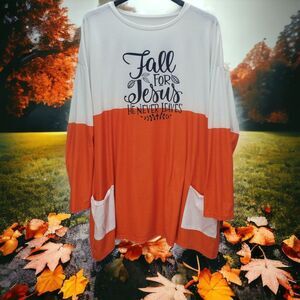 Tunic Top Fall for Jesus He Never Leaves Womens 3XL Orange Colorblock Pockets